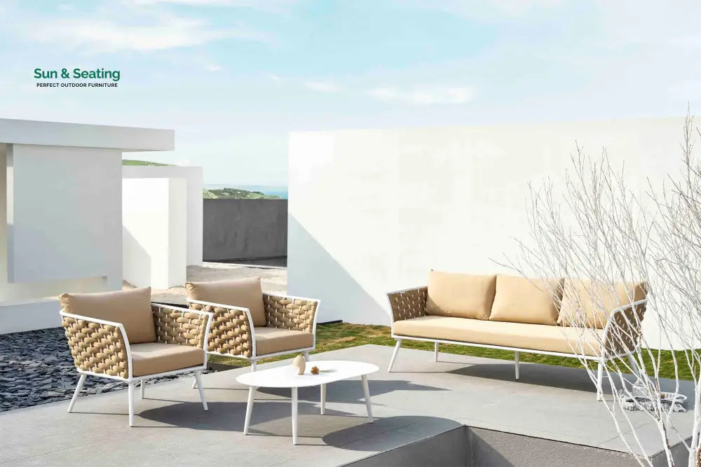 Crasio Outdoor Garden Balcony Sofa Set 3 Seater 2 Single seater and 1 Center Table Set Braid & Rope (White + Tan) Sofa