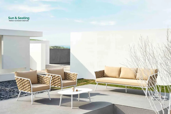 Crasio Outdoor Garden Balcony Sofa Set 3 Seater 2 Single seater and 1 Center Table Set Braid &amp; Rope (White + Tan) Sofa