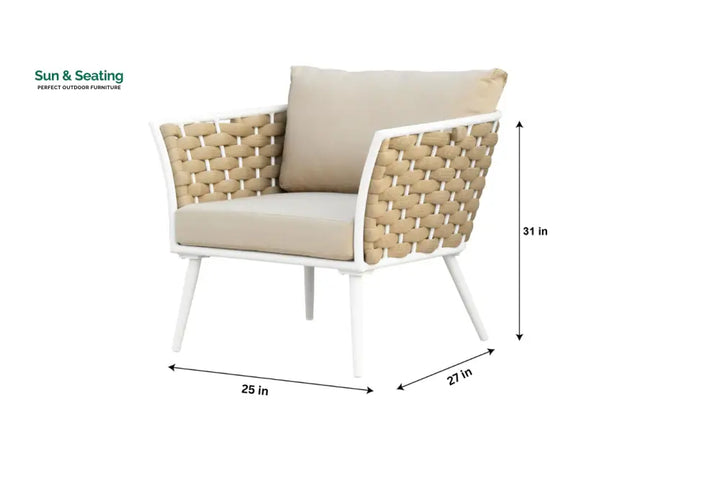 Crasio Outdoor Garden Balcony Sofa Set 3 Seater 2 Single seater and 1 Center Table Set Braid &amp; Rope (White + Tan) Sofa