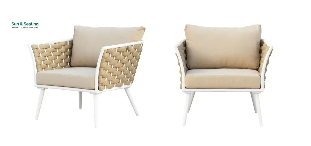 Crasio Outdoor Garden Balcony Sofa Set 3 Seater 2 Single seater and 1 Center Table Set Braid &amp; Rope (White + Tan) Sofa