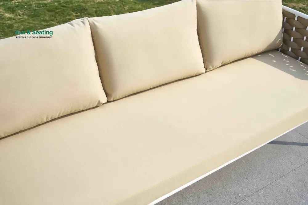 Crasio Outdoor Garden Balcony Sofa Set 3 Seater 2 Single seater and 1 Center Table Set Braid &amp; Rope (White + Tan) Sofa