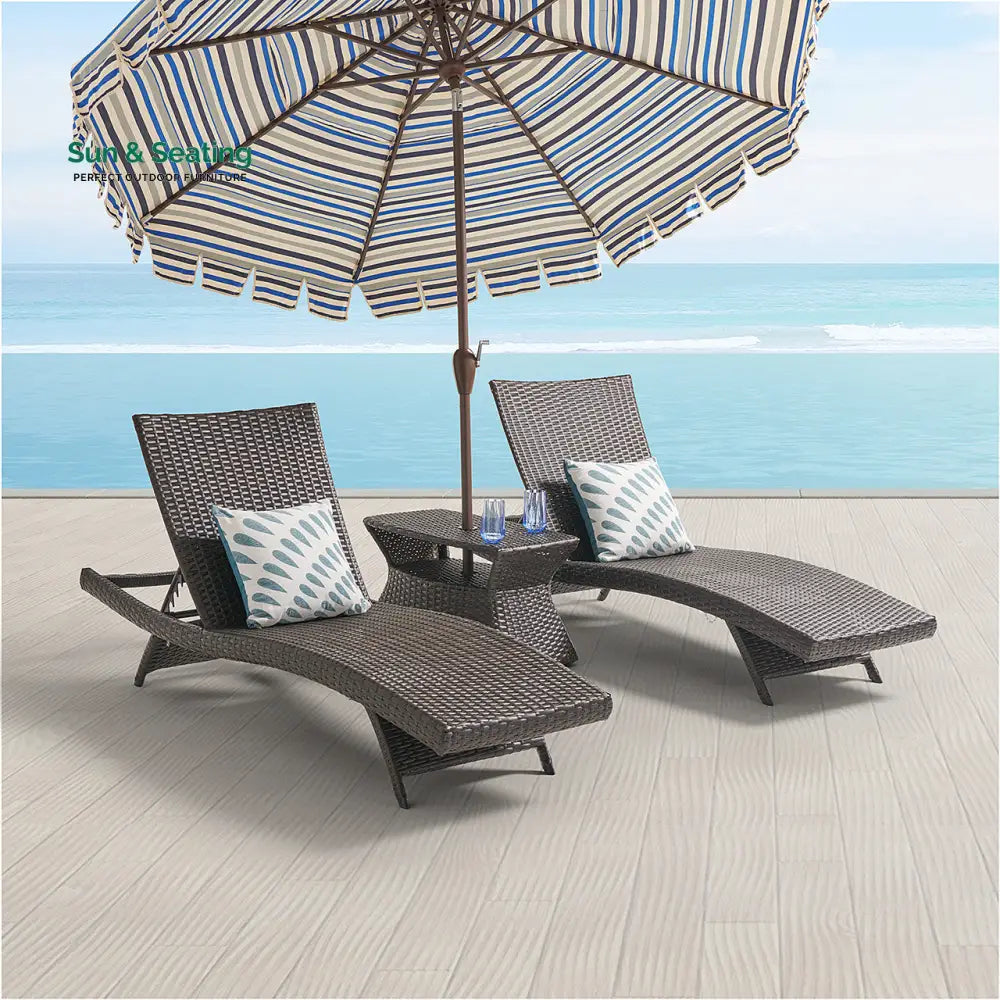 Curro Outdoor Swimming Poolside Lounger (Set of 2) With 1 Side Table (Brown) Loungers