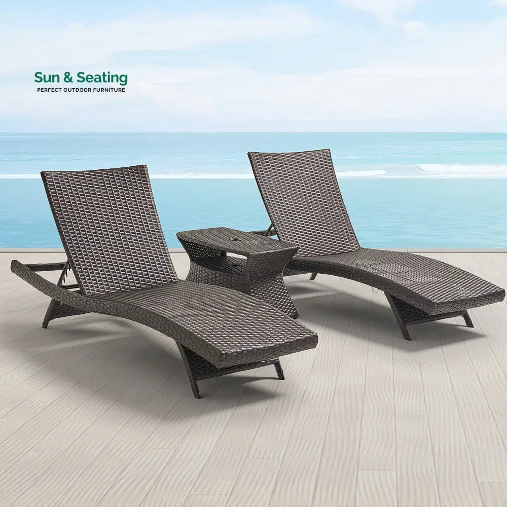 Curro Outdoor Swimming Poolside Lounger (Set of 2) With 1 Side Table (Brown) Loungers