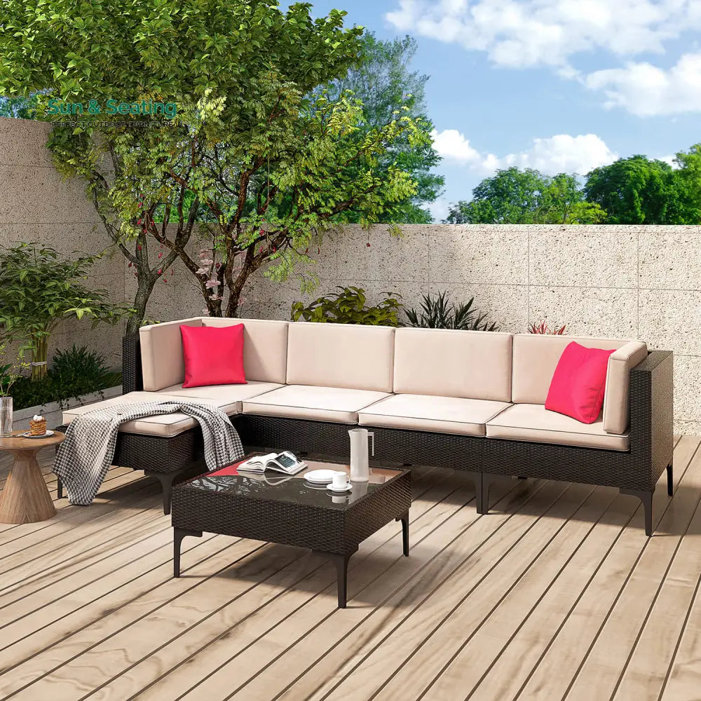 Cyzen Outdoor Sofa Set 5 Seater and 1 Center Table Set (Dark Brown) Sofa Sets
