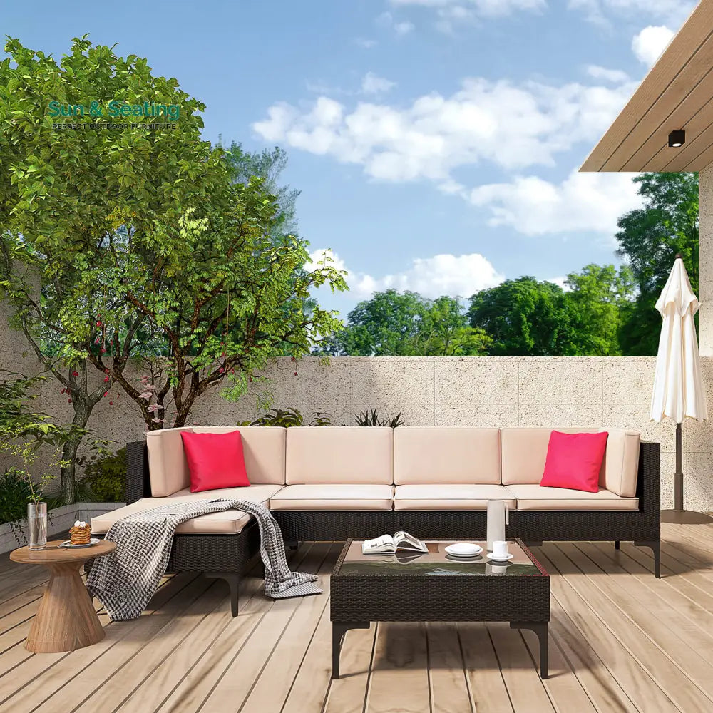 Cyzen Outdoor Sofa Set 5 Seater and 1 Center Table Set (Dark Brown) Sofa Sets