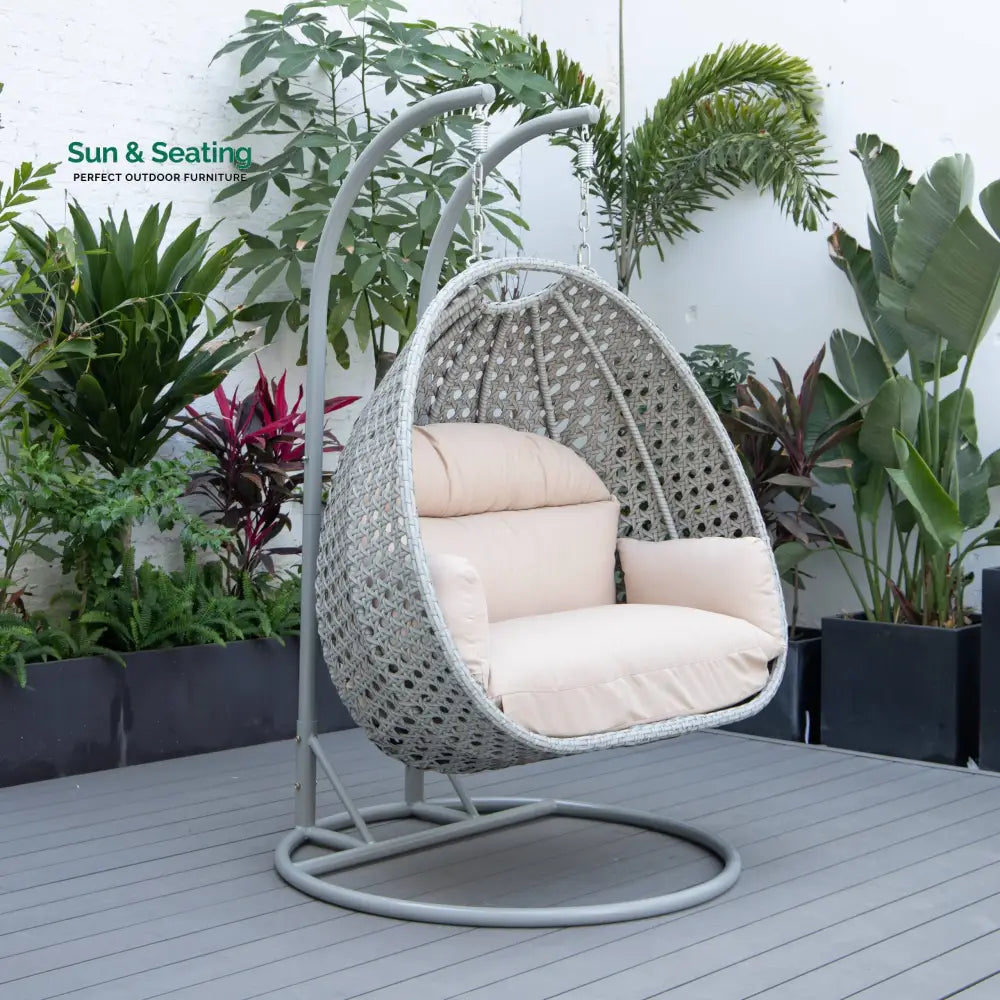 Dario Double Seater Hanging Swing With Stand For Balcony Garden Swing (Silver) Beige Swings