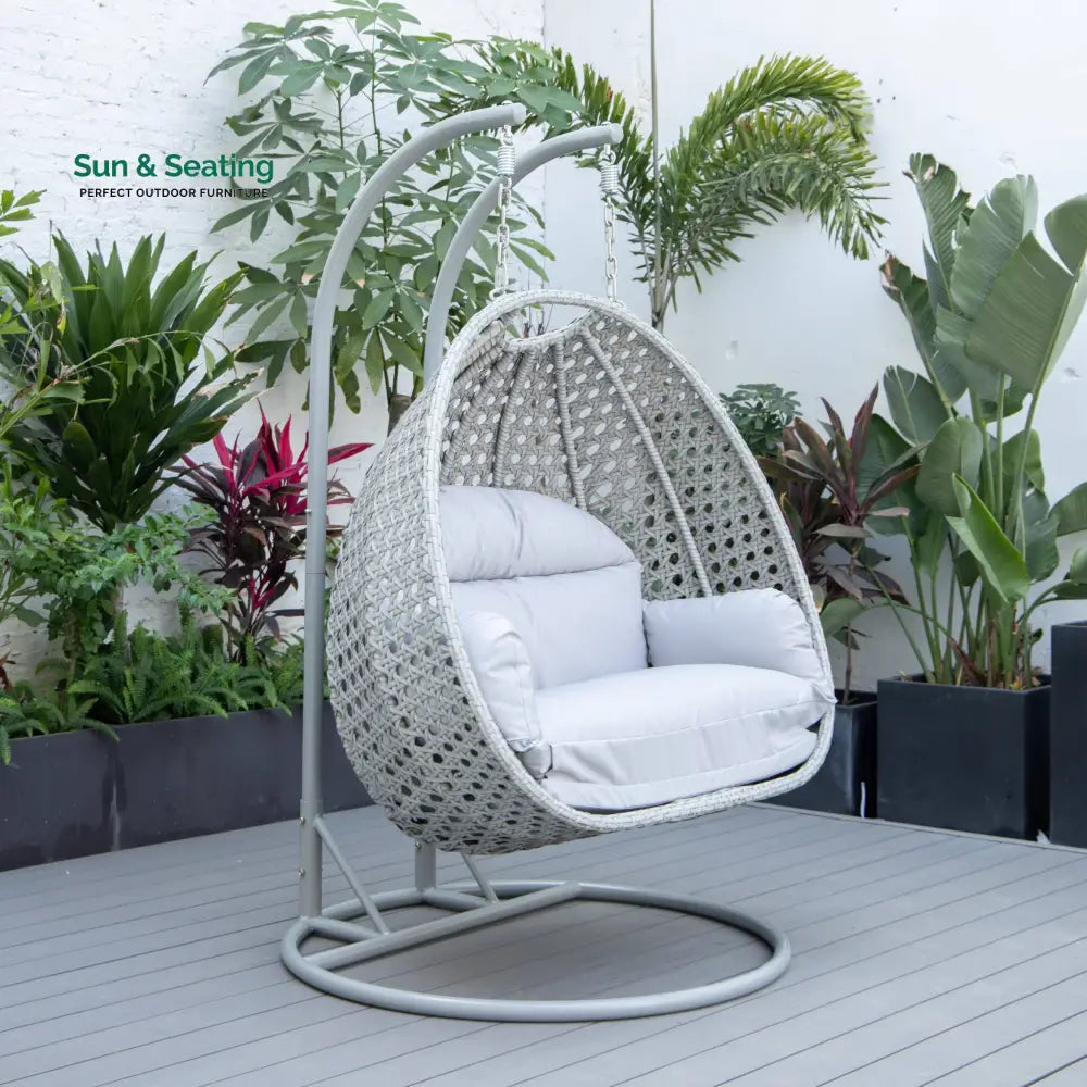 Dario Double Seater Hanging Swing With Stand For Balcony Garden Swing (Silver) Light Grey Swings