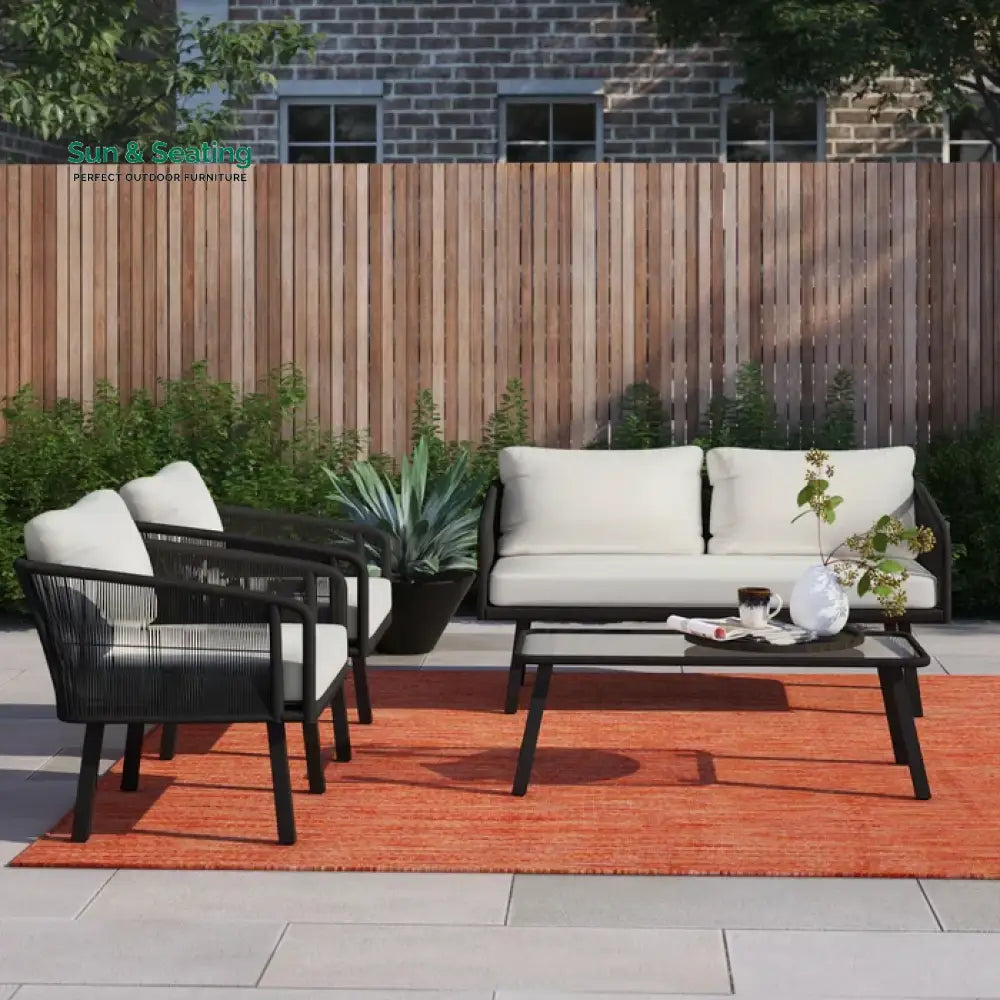 Deifilia Outdoor Sofa Set 2 Seater 2 Single seater And 1 Table Set Braided &amp; Rope Black Sofa Sets