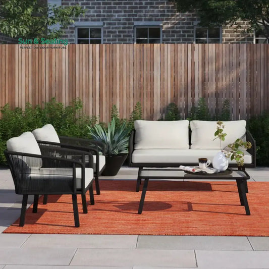 Deifilia Outdoor Sofa Set 2 Seater 2 Single seater And 1 Table Set Braided & Rope Black Sofa Sets