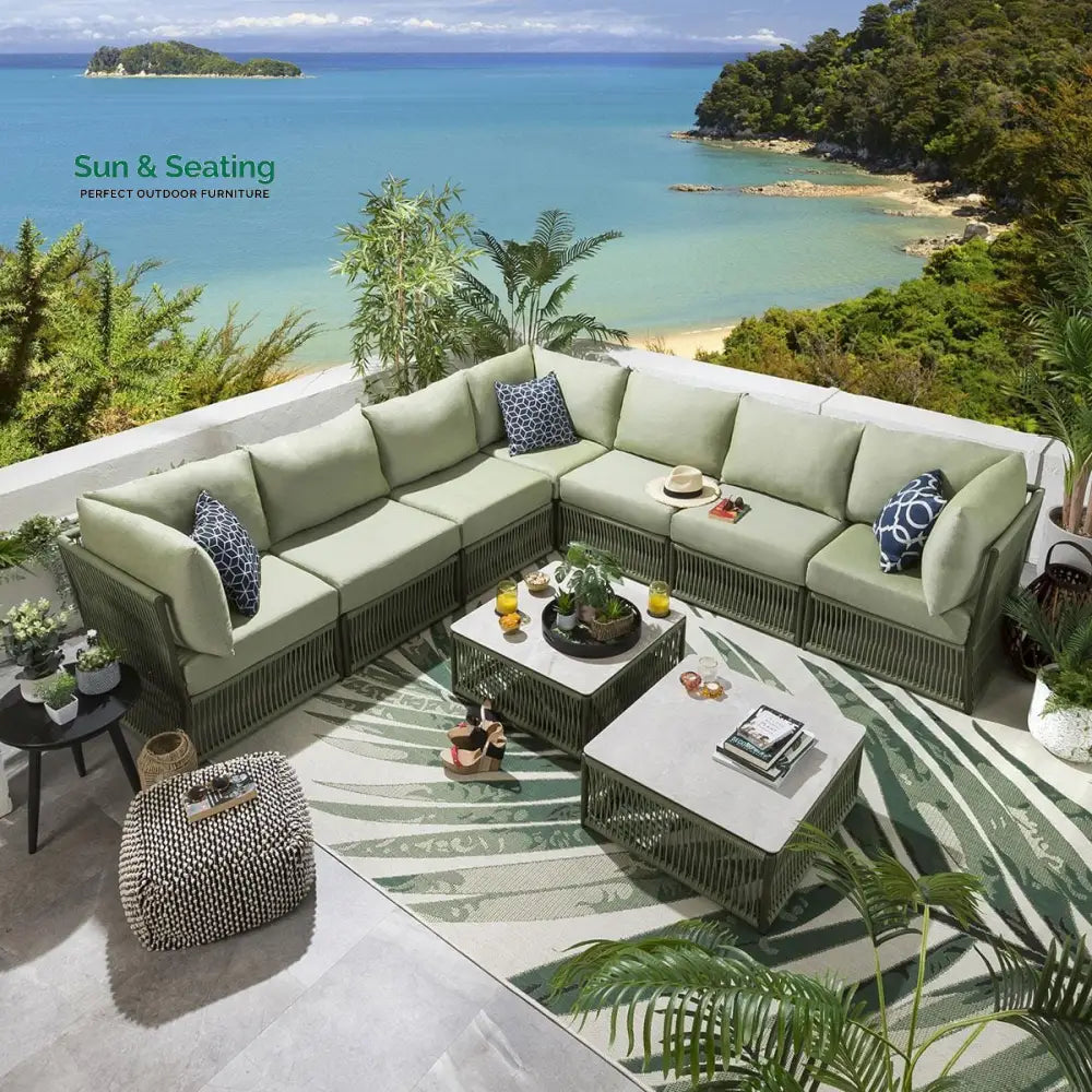 Deifilia Outdoor Sofa Set 7 Seater and 2 Center Table Set (Green) Braided &amp; Rope Sofa Sets