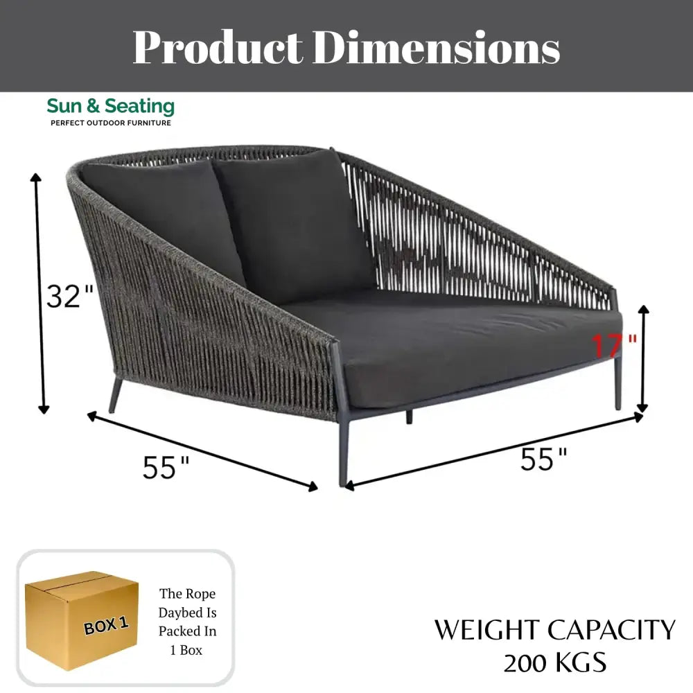 Delphine Outdoor Grey Rope Patio Daybed with Comfortable Dark Grey Cushion Daybed