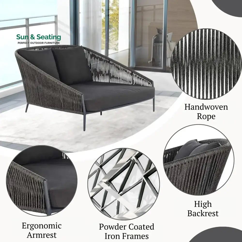 Delphine Outdoor Grey Rope Patio Daybed with Comfortable Dark Grey Cushion Daybed