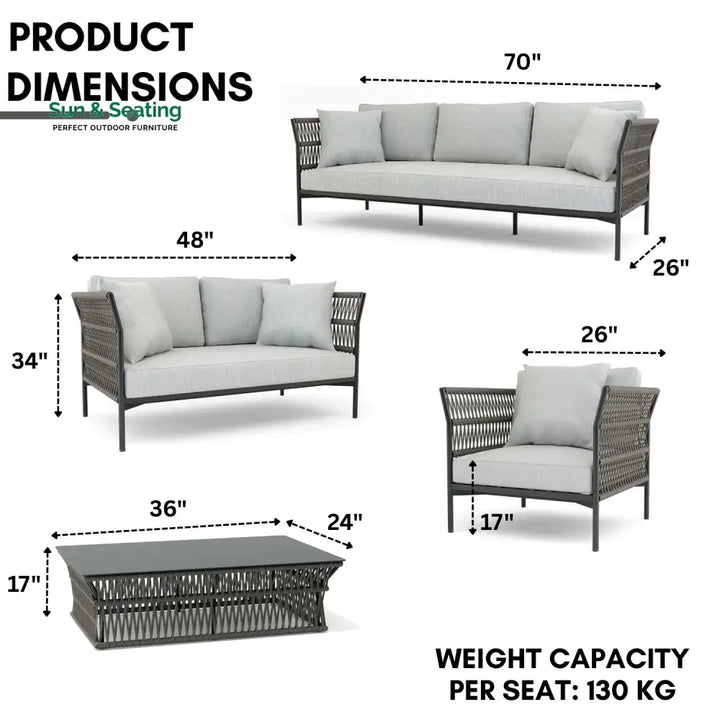 Denali Outdoor Rope 7-Seater Sofa Set With Glass Top Table Sofa Set