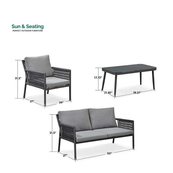 Deny Outdoor Sofa Set 2 Seater 2 Single seater and 1 Center Table Set (Grey) Braided &amp; Rope Sofa Sets