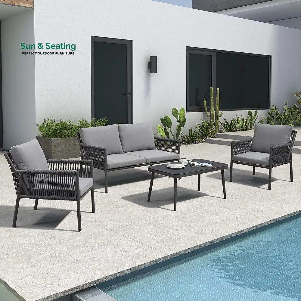 Deny Outdoor Sofa Set 2 Seater 2 Single seater and 1 Center Table Set (Grey) Braided &amp; Rope Sofa Sets