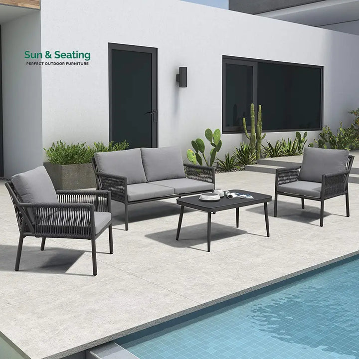 Deny Outdoor Sofa Set 2 Seater 2 Single seater and 1 Center Table Set (Grey) Braided &amp; Rope Sofa Sets