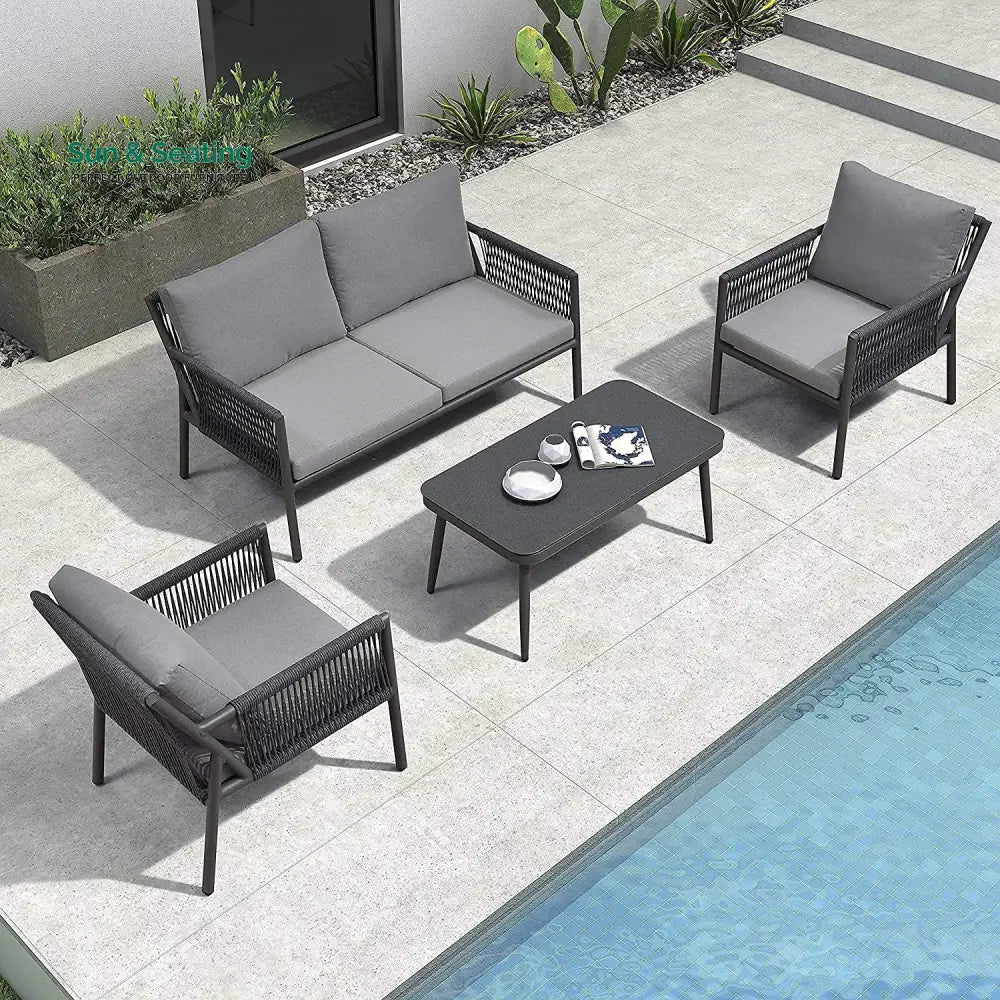 Deny Outdoor Sofa Set 2 Seater 2 Single seater and 1 Center Table Set (Grey) Braided & Rope Sofa Sets
