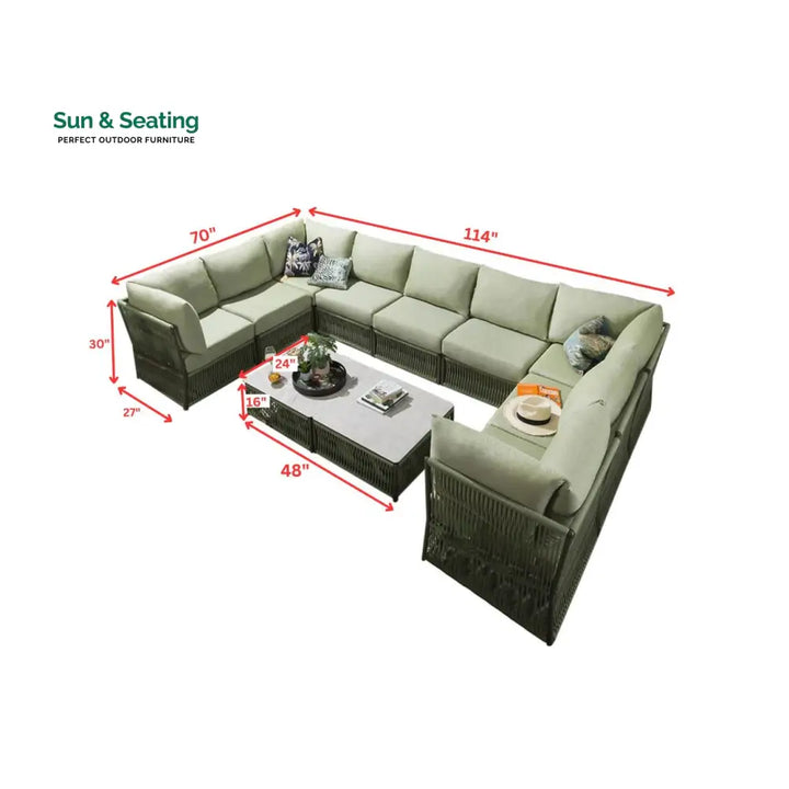 Dieter Outdoor Sofa Set 9 Seater and 2 Center Table Set (Green) Braided &amp; Rope Sofa Sets