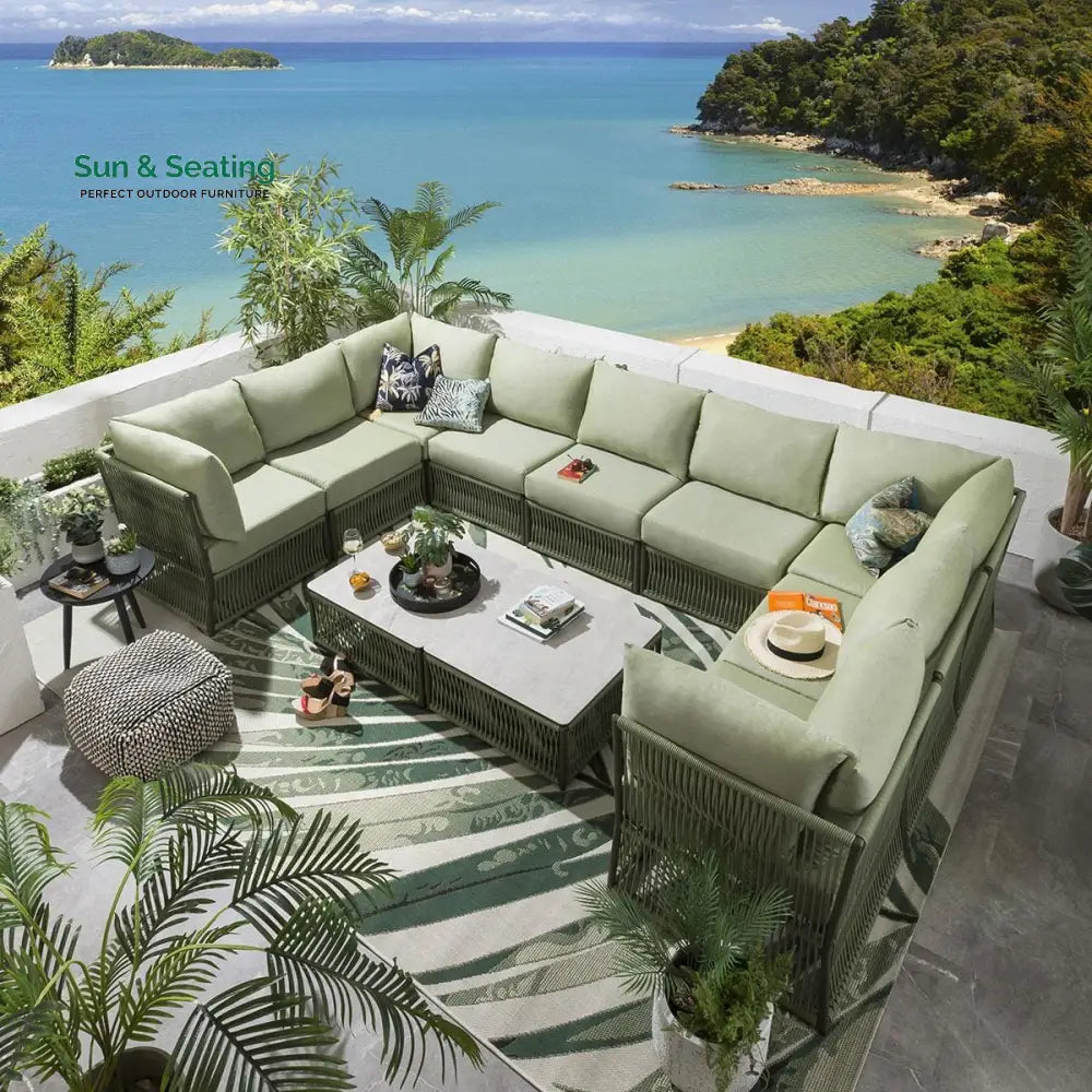 Dieter Outdoor Sofa Set 9 Seater and 2 Center Table Set (Green) Braided &amp; Rope Sofa Sets