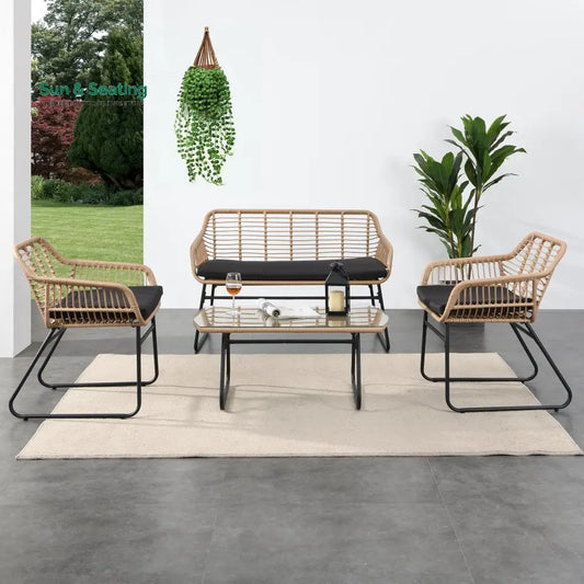 Drinus Outdoor Garden Balcony Sofa Set 2 Seater 2 Single seater and 1 Center Table Set (Black + Tan) Sofa Sets