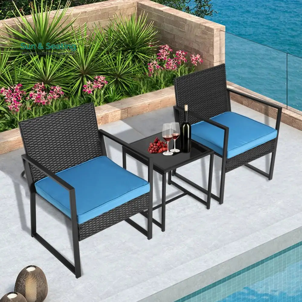Drish Outdoor Patio Seating Set 2 Chairs and 1 Table Set (Black) Blue Coffee Table Sets