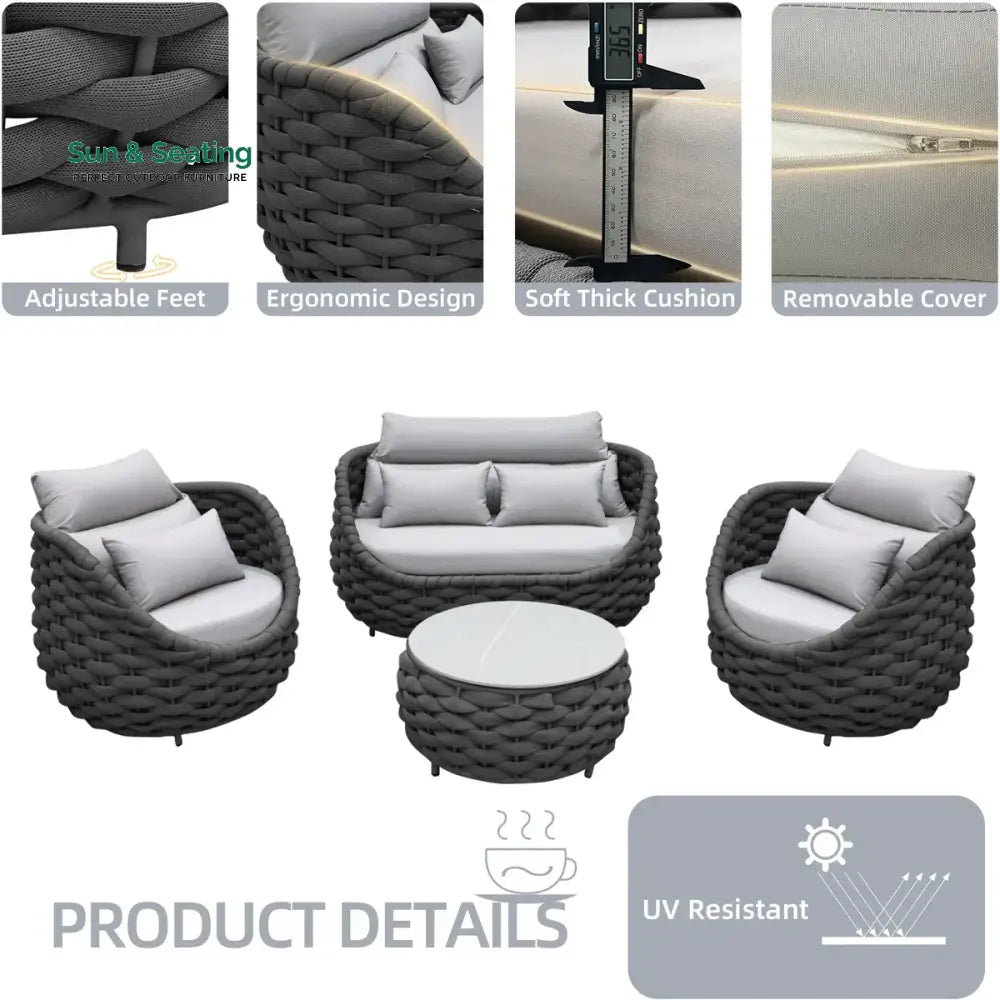 Eiva Outdoor Sofa Set 2 Seater 2 Single seater and 1 Center Table (Light Grey) Braided &amp; Rope Sofa Sets