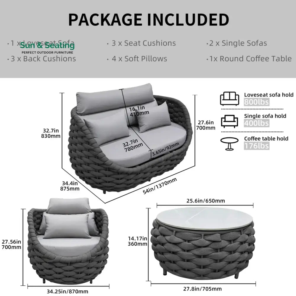 Eiva Outdoor Sofa Set 2 Seater 2 Single seater and 1 Center Table (Light Grey) Braided &amp; Rope Sofa Sets