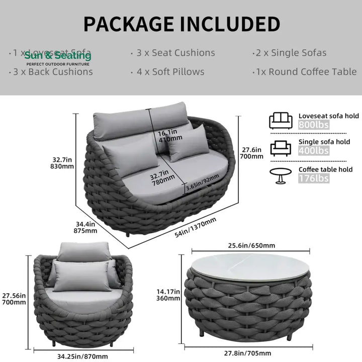 Eiva Outdoor Sofa Set 2 Seater 2 Single seater and 1 Center Table (Light Grey) Braided &amp; Rope Sofa Sets