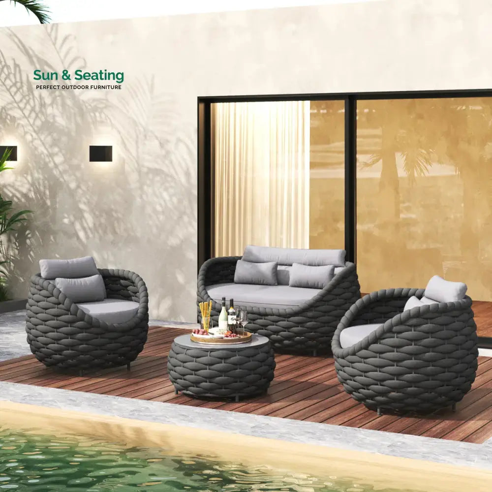 Eiva Outdoor Sofa Set 2 Seater 2 Single seater and 1 Center Table (Light Grey) Braided &amp; Rope Sofa Sets