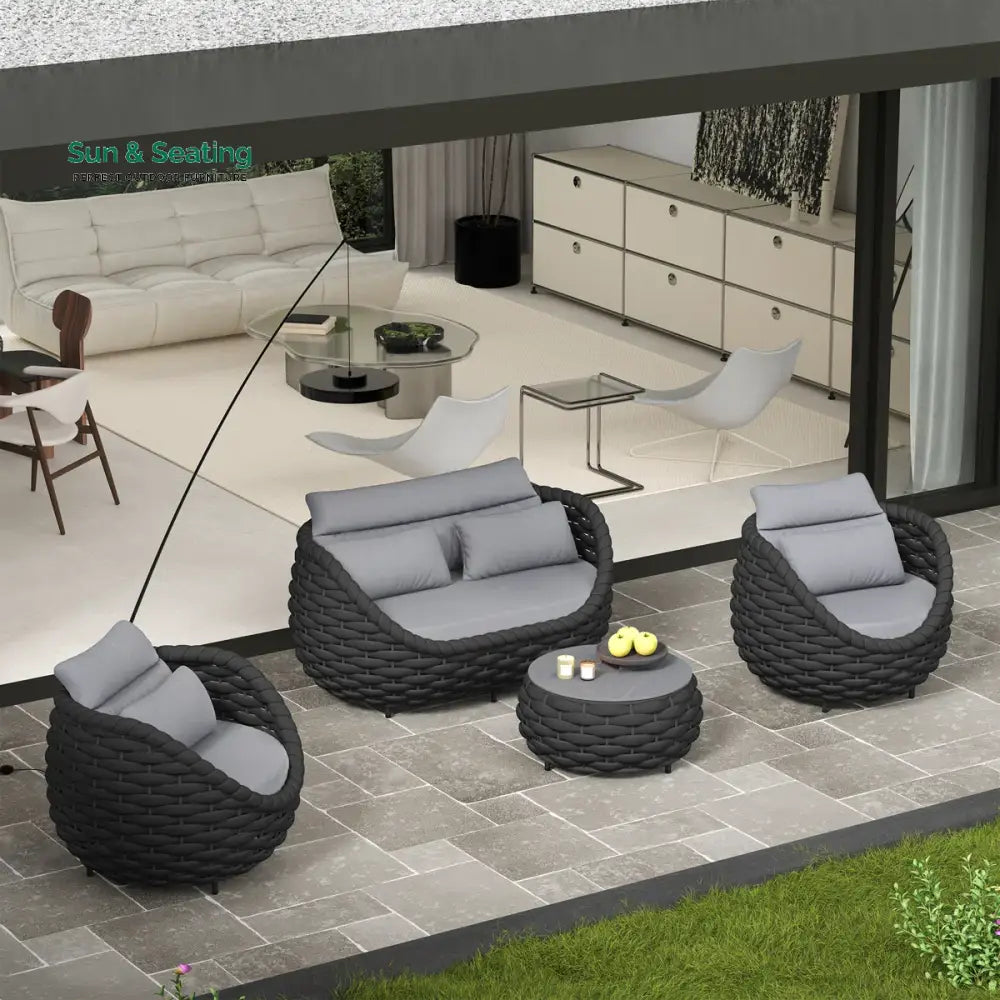 Eiva Outdoor Sofa Set 2 Seater 2 Single seater and 1 Center Table (Light Grey) Braided &amp; Rope Sofa Sets