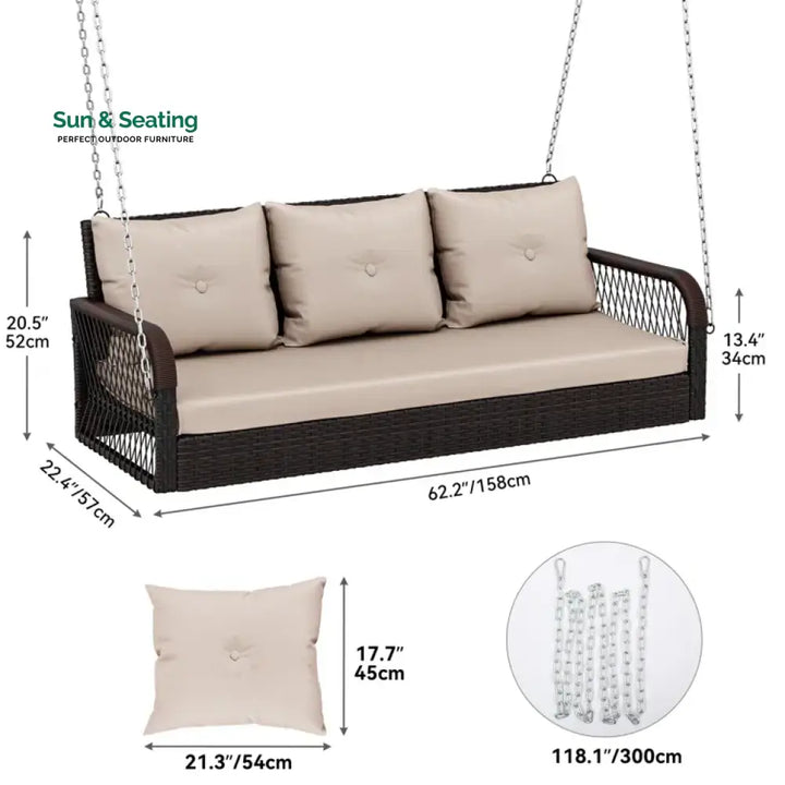Eleri Three Seater Hanging Swing Without Stand For Balcony Garden Swing (Dark Brown) Swings