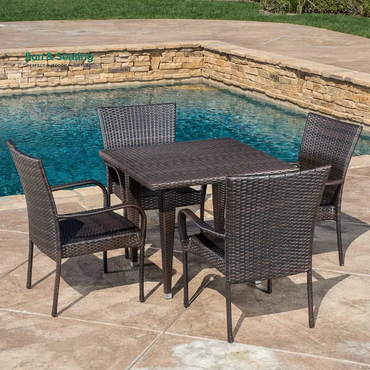 Elham Outdoor All-Weather Resistant Rattan Wicker 5-Piece Dining Set (Dark Brown) Dining Set