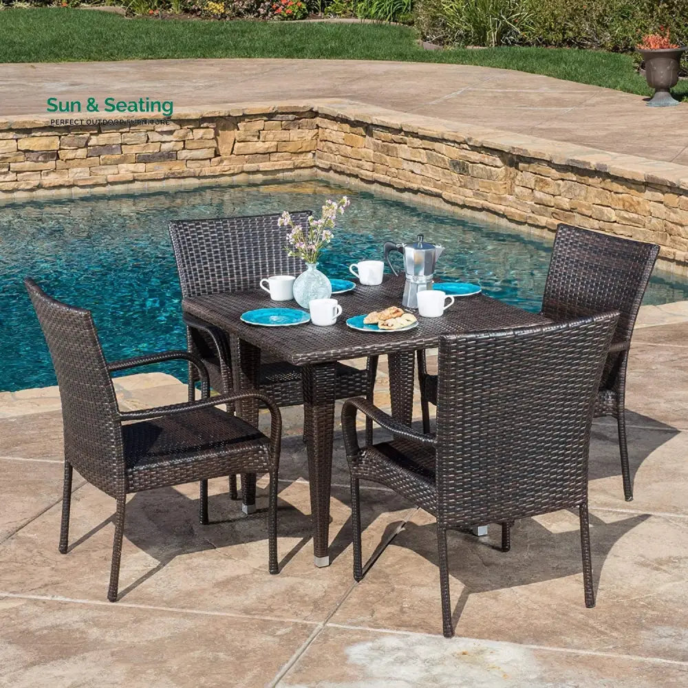 Elham Outdoor All-Weather Resistant Rattan Wicker 5-Piece Dining Set (Dark Brown) Dining Set