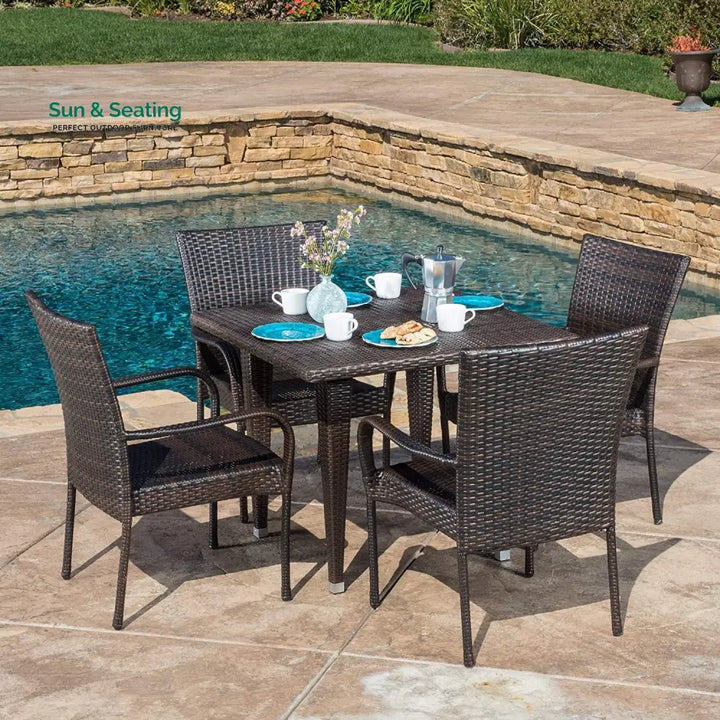 Elham Outdoor All-Weather Resistant Rattan Wicker 5-Piece Dining Set (Dark Brown) Dining Set