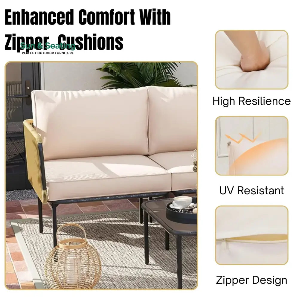 Eliana L-Shaped Rope Woven Outdoor Sofa Set (Beige &amp; Cream) Sofa Set