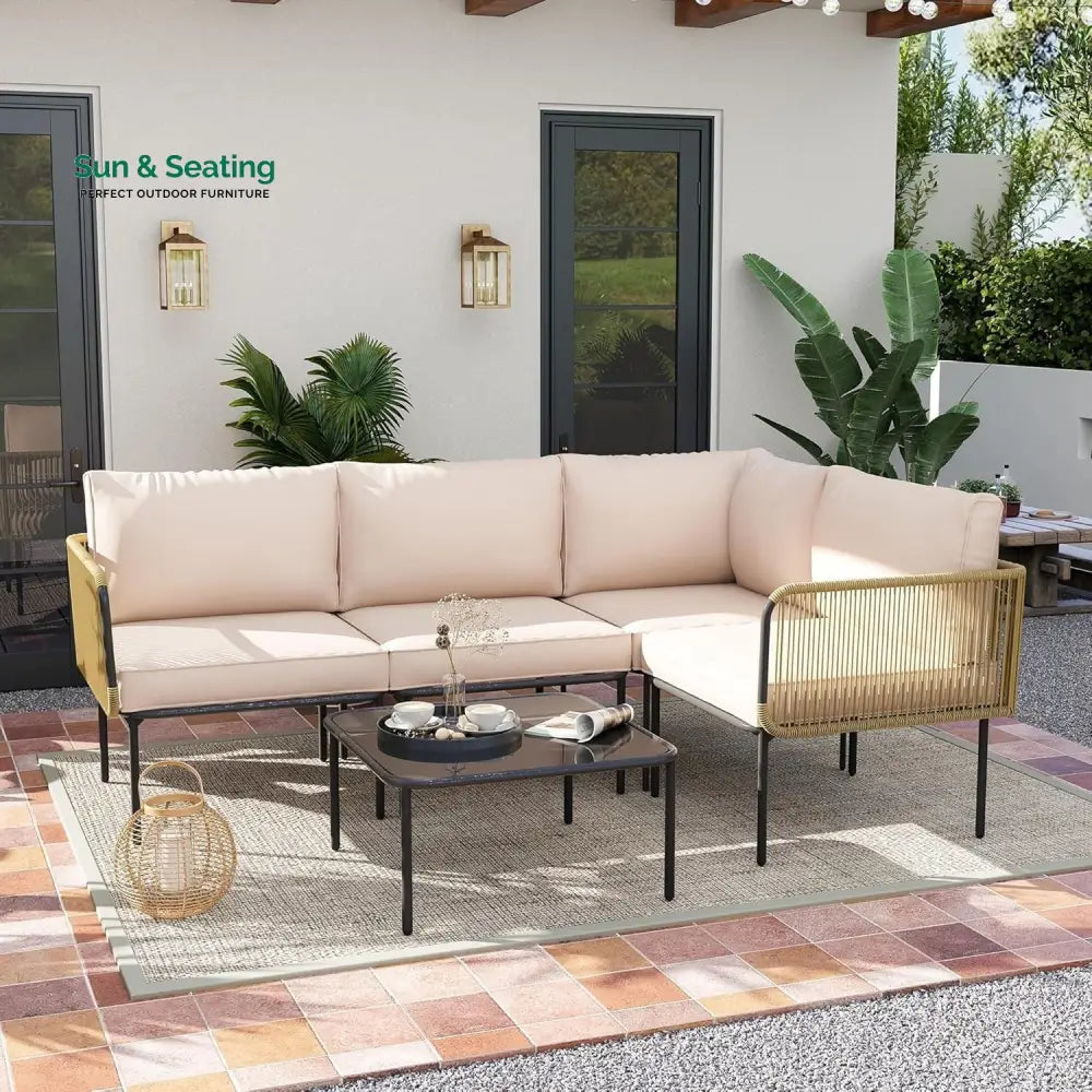 Eliana L-Shaped Rope Woven Outdoor Sofa Set (Beige & Cream) Sofa Set