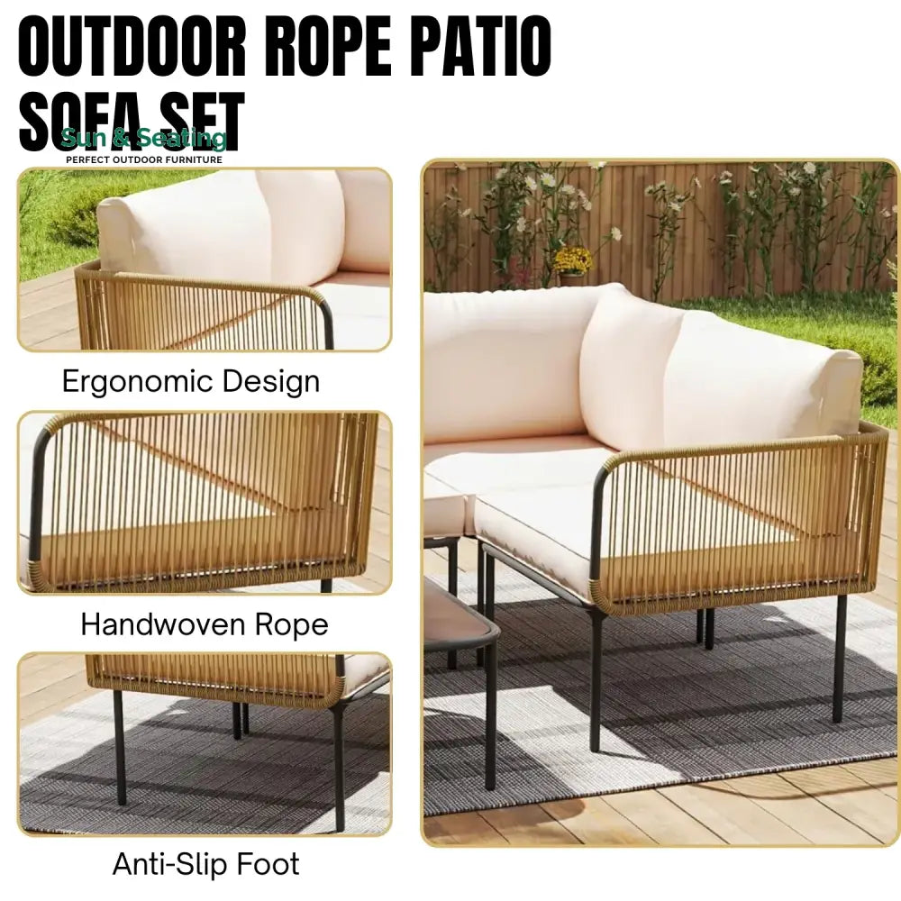 Eliana L-Shaped Rope Woven Outdoor Sofa Set (Beige &amp; Cream) Sofa Set