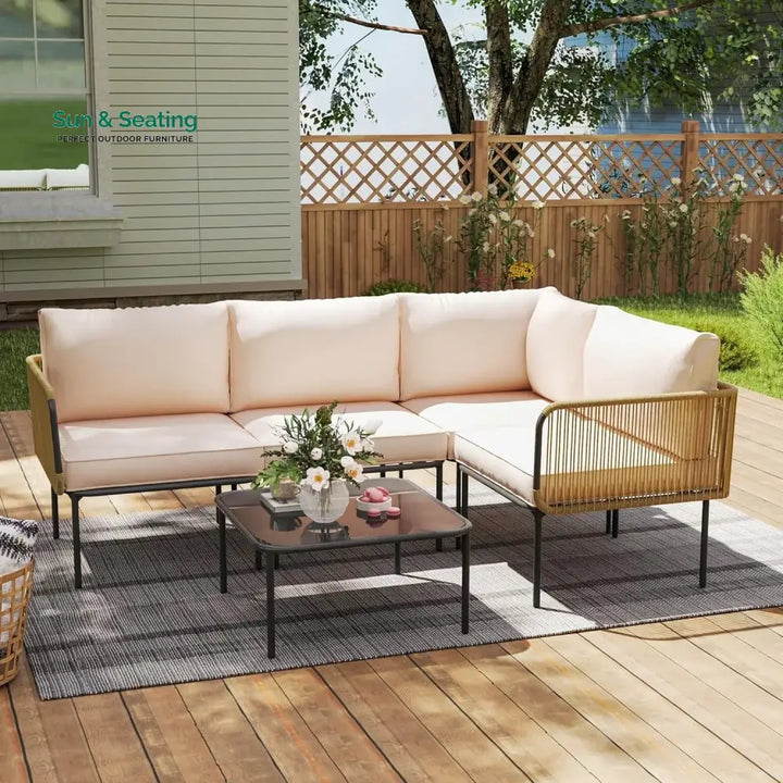 Eliana L-Shaped Rope Woven Outdoor Sofa Set (Beige &amp; Cream) Sofa Set