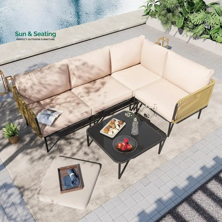 Eliana L-Shaped Rope Woven Outdoor Sofa Set (Beige &amp; Cream) Sofa Set