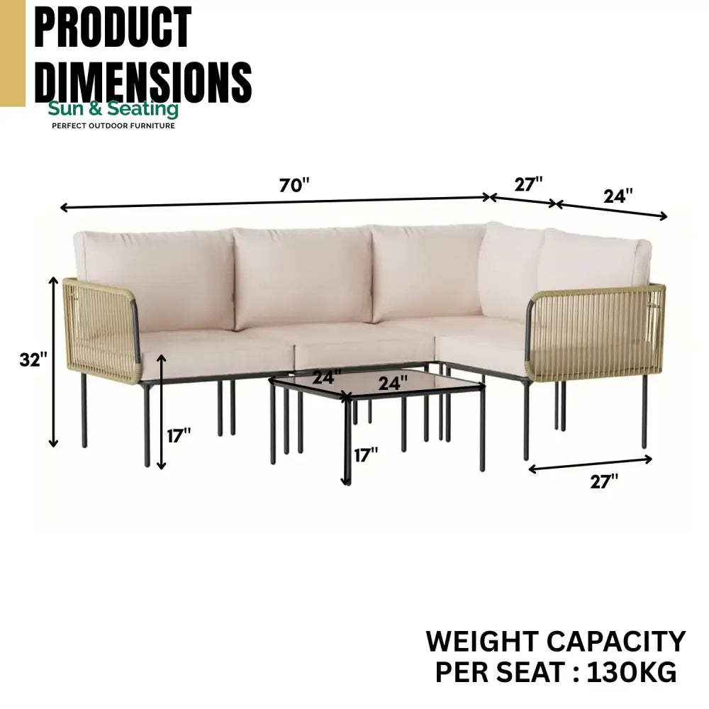 Eliana L-Shaped Rope Woven Outdoor Sofa Set (Beige &amp; Cream) Sofa Set