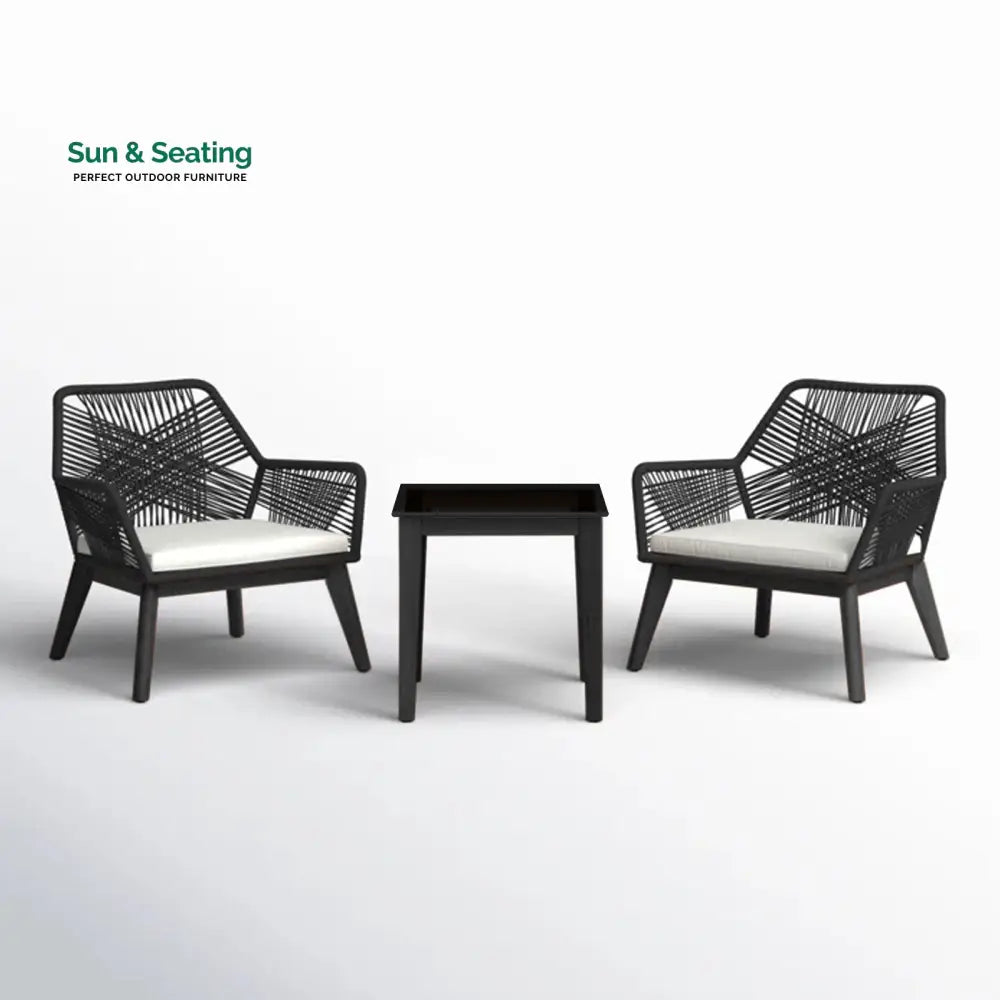 Elicia Outdoor Patio Seating Set 2 Chairs and 1 Table Set (Black) Braided &amp; Rope Coffee Table Sets
