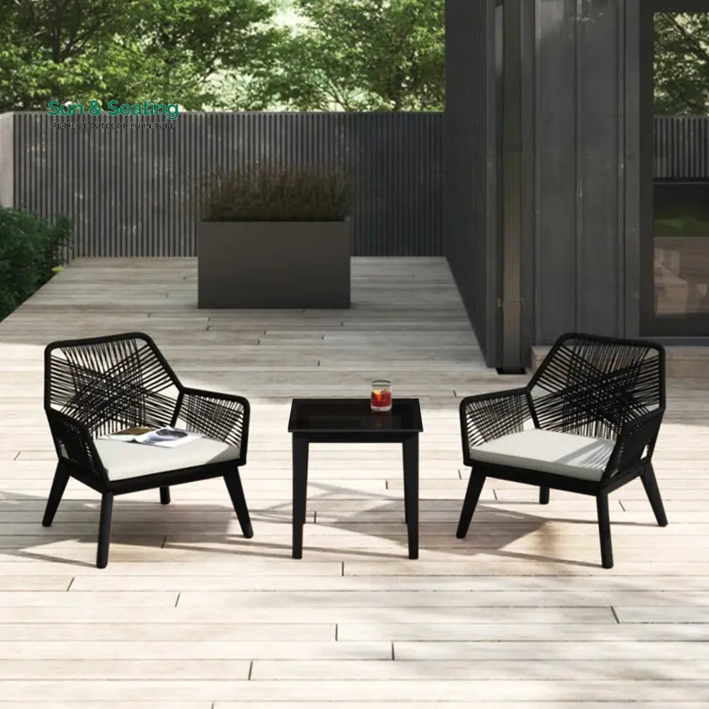 Elicia Outdoor Patio Seating Set 2 Chairs and 1 Table Set (Black) Braided & Rope Coffee Table Sets