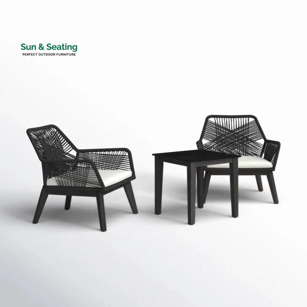 Elicia Outdoor Patio Seating Set 2 Chairs and 1 Table Set (Black) Braided &amp; Rope Coffee Table Sets