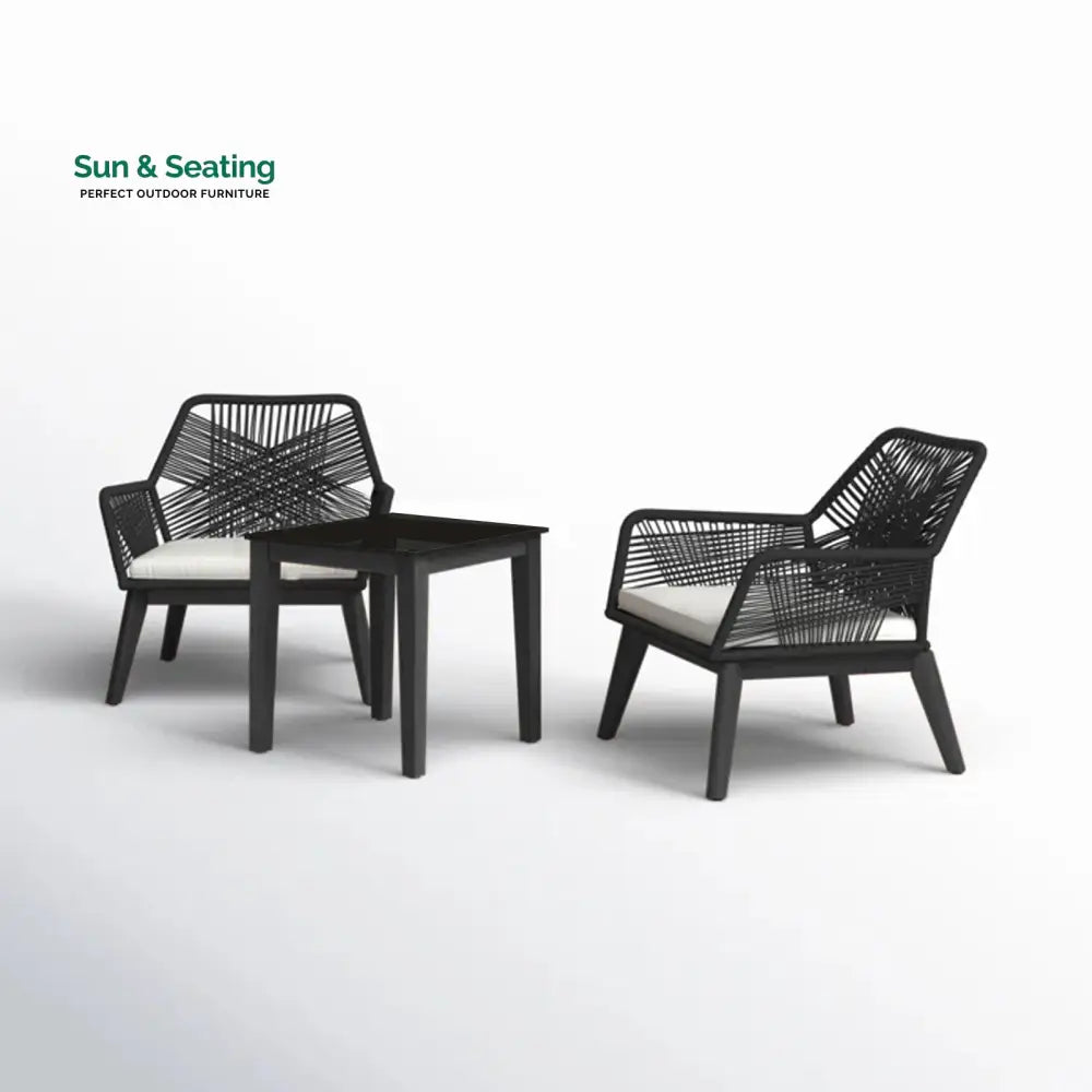 Elicia Outdoor Patio Seating Set 2 Chairs and 1 Table Set (Black) Braided &amp; Rope Coffee Table Sets