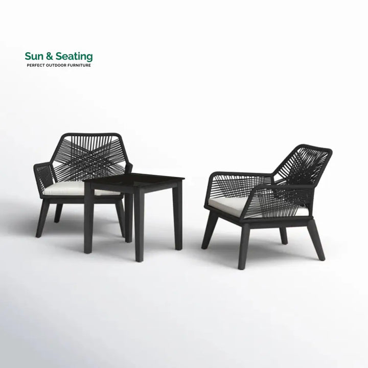 Elicia Outdoor Patio Seating Set 2 Chairs and 1 Table Set (Black) Braided &amp; Rope Coffee Table Sets