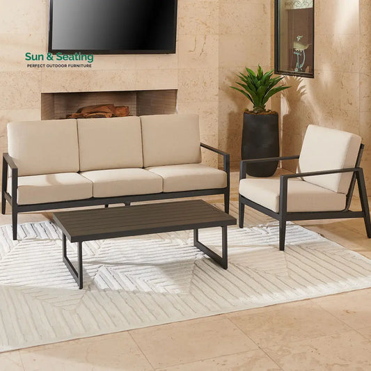 Eliseo Outdoor Sofa Set 3 Seater 2 Single seater and 1 Center Table (Black) Beige Sofa Sets