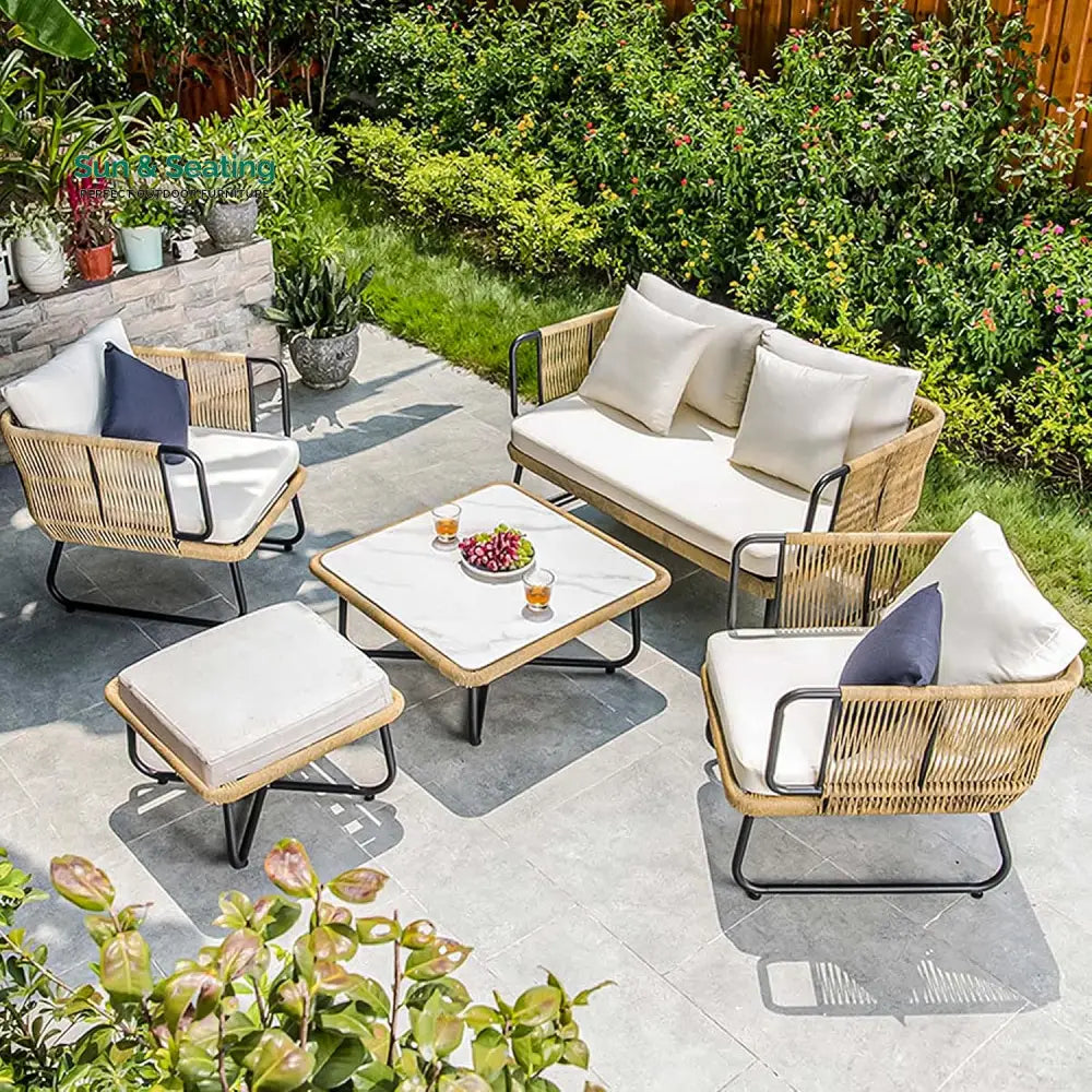 Elix Outdoor Sofa Set 2 Seater 2 Single seater and 1 Center Table with ottoman (Tan) Braided &amp; Rope Sofa Sets