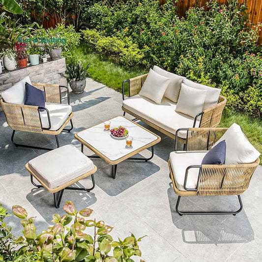 Elix Outdoor Sofa Set 2 Seater 2 Single seater and 1 Center Table with ottoman (Tan) Braided & Rope Sofa Sets