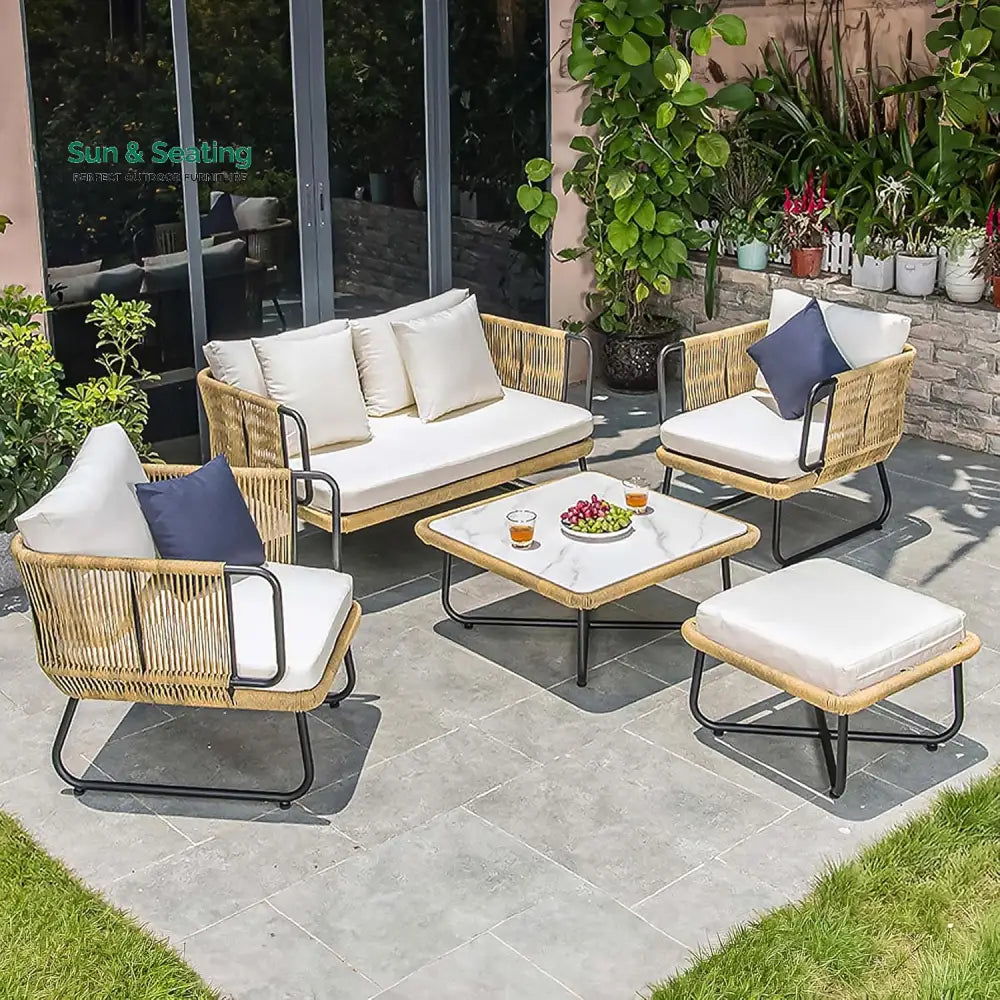 Elix Outdoor Sofa Set 2 Seater 2 Single seater and 1 Center Table with ottoman (Tan) Braided &amp; Rope Sofa Sets