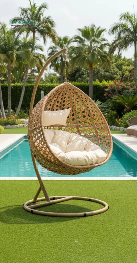 Elliott Single Seater Hanging Swing With Stand For Balcony Garden Tan Swings